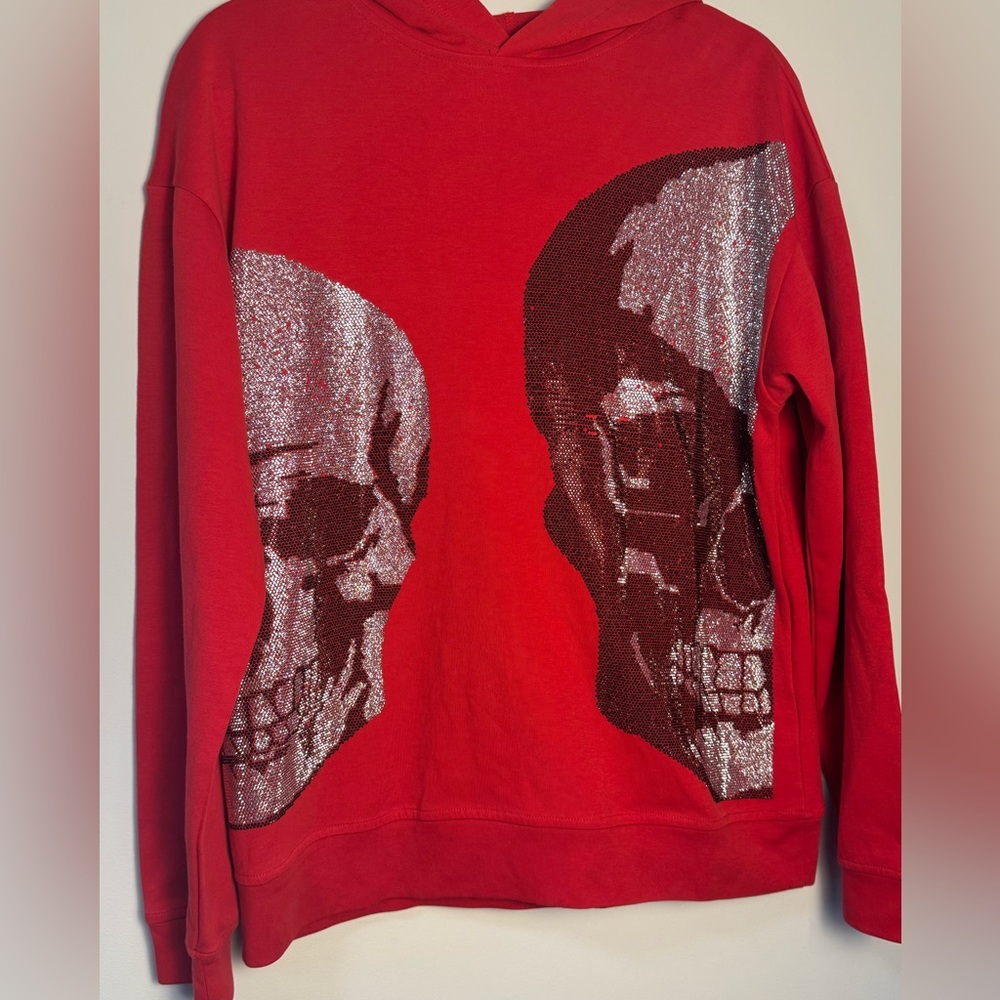 Men’s Heads Or Tails Red Hoodie With Embellished Rhinestone Skulls Size M
